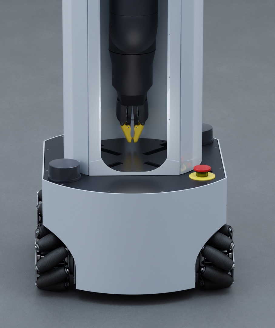 Model R2 Robot, front view mecanum wheels