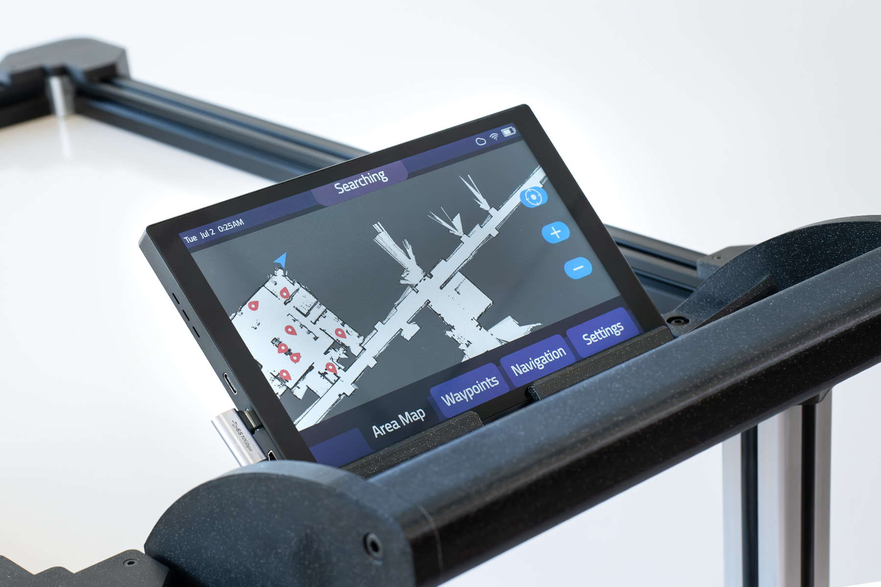 Close up of the LED touchscreen on the Model C2 autonomous material transport robot, featuring visual of a facility area map and user-defined Waypoints