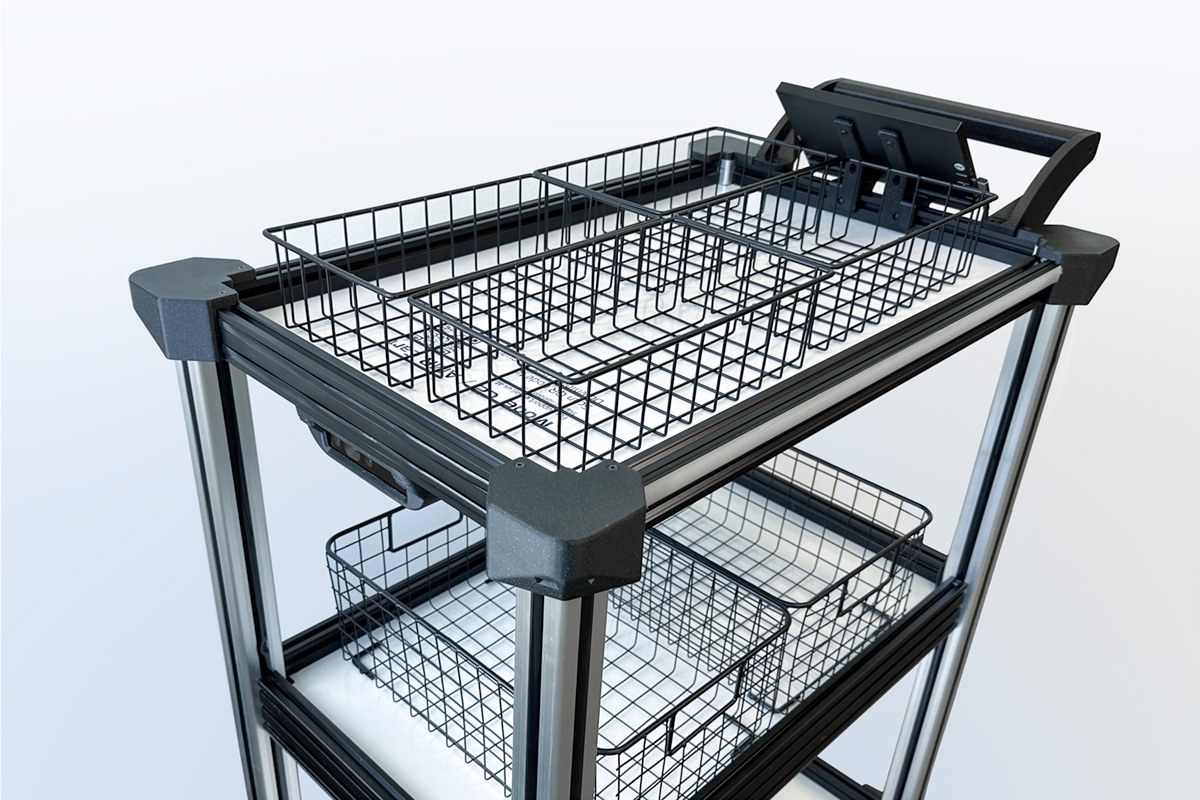 Model C2 autonomous delivery cart showcasing the optional accessory of wire mesh baskets in varying sizes, designed to secure transported items and help in organization of automated material handling.