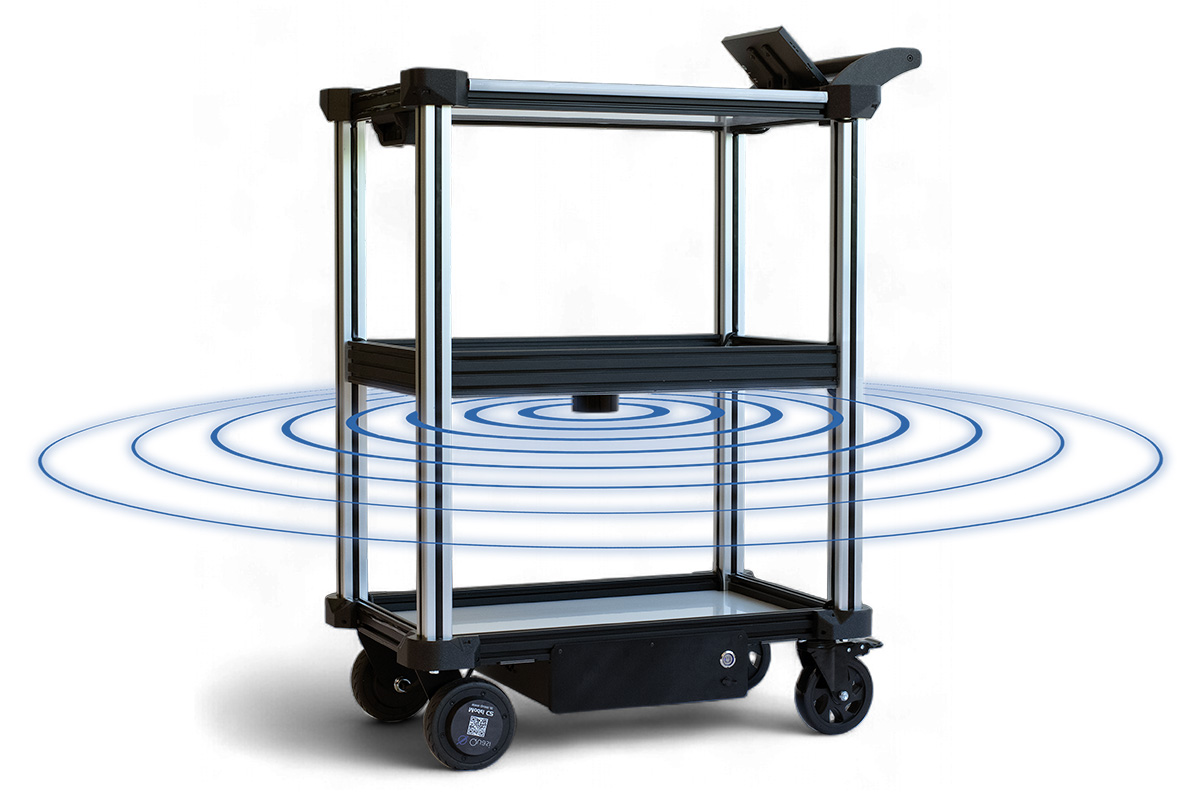 Model C2 autonomous mobile robot with a visual representation of its LiDAR sensors, used for long-range mapping and obstacle avoidance.