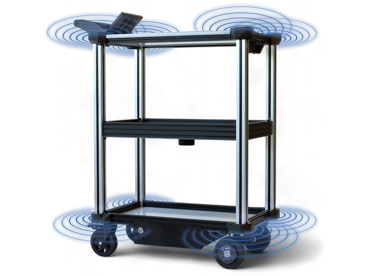 Model C2 Autonomous Delivery Cart with visual representation of 16 time of flight sensors around its perimeter for detecting short-range obstacles and agility