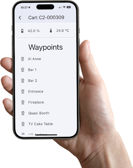 Waypoints Mobile App displaying user waypoint options for remote calling and sending of the Model C2 autonomous cart