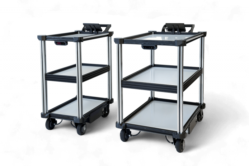 Two sizes of Model C2 AMR robots, the C2 standard and the C2 large, shown side by side, developed for automation of material transport and item delivery tasks.