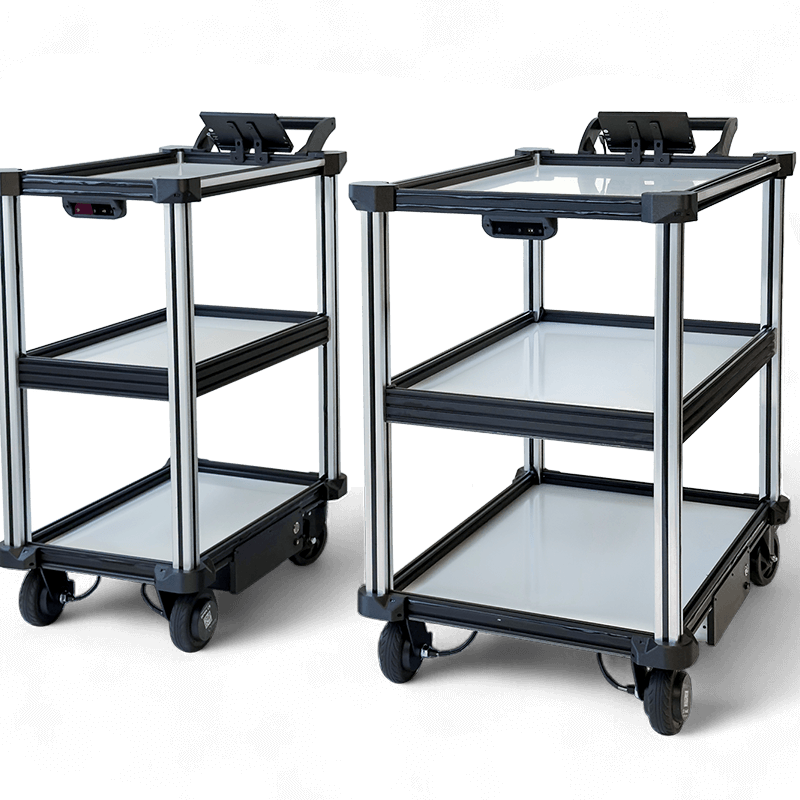 Two sizes of Model C2 AMR robots, the C2 standard and the C2 large, shown side by side, developed for automation of material transport and item delivery tasks.