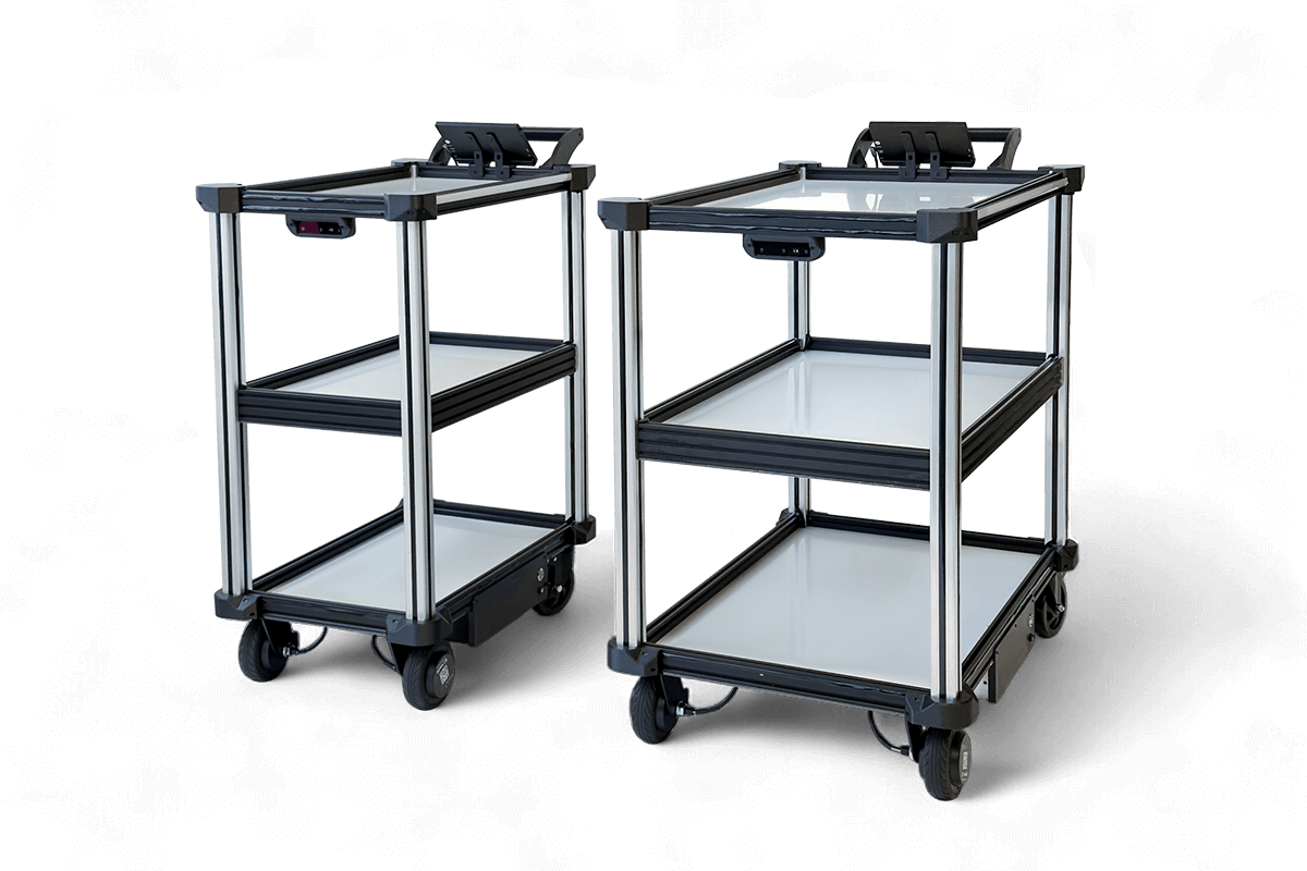 Two sizes of Model C2 AMR robots, the C2 standard and the C2 large, shown side by side, developed for automation of material transport and item delivery tasks.