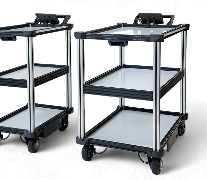 Two sizes of Model C2 AMR robots, the C2 standard and the C2 large, shown side by side, developed for automation of material transport and item delivery tasks.