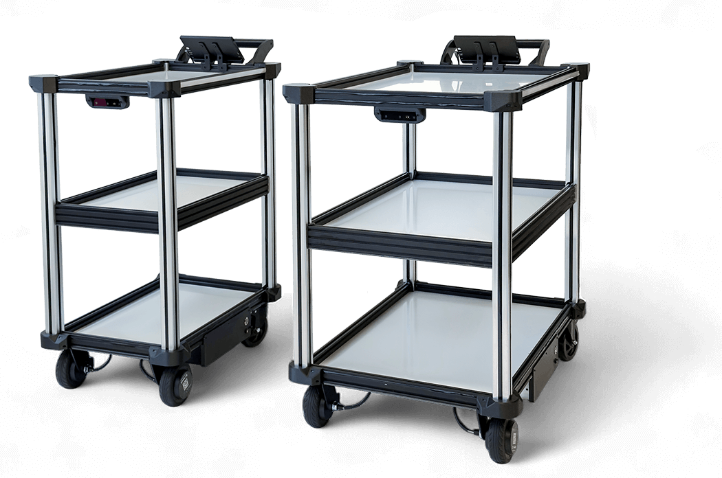 Two sizes of Model C2 AMR robots, the C2 standard and the C2 large, shown side by side, developed for automation of material transport and item delivery tasks.