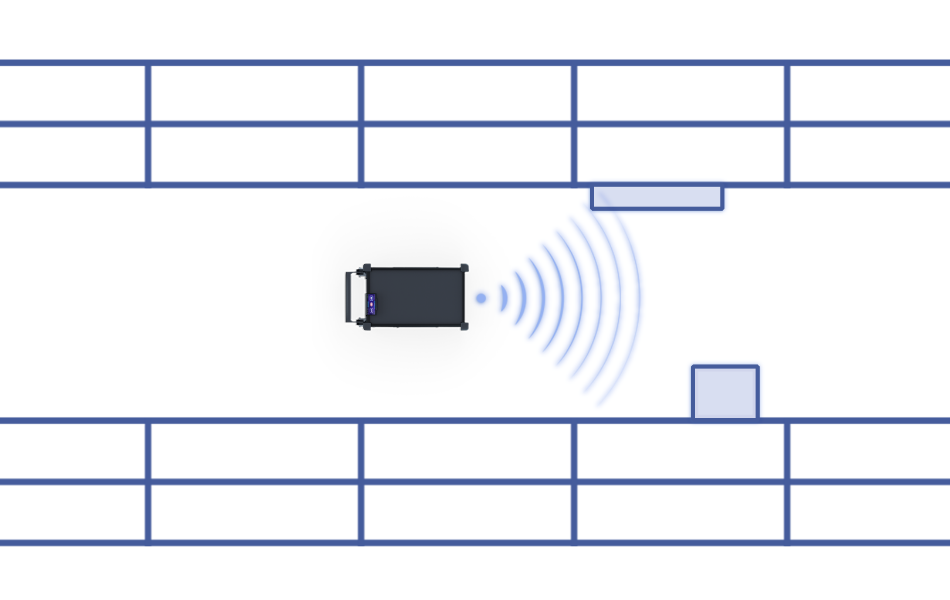 Diagram of the Model C2 3D stereo camera sensor, used to scan and identify surrounding objects is its environment to accurately localize and update its live location within the facility map.