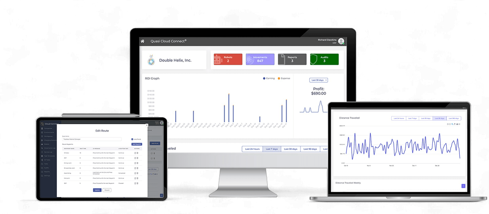 Mock-Up of the Cloud Connect User Interface across desktop, laptop, and tablet devices, allowing users to gather data-driven business intelligence insights as well as leverage remote management of their Quasi AMR Robot fleet.