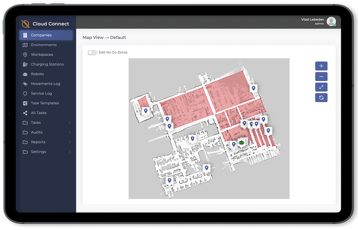 Visual from the Quasi Cloud Connect User Command Interface, showing a virtual twin of a facility map generated by the Model C2 AMR for safe autonomous navigation and supply and material delivery.